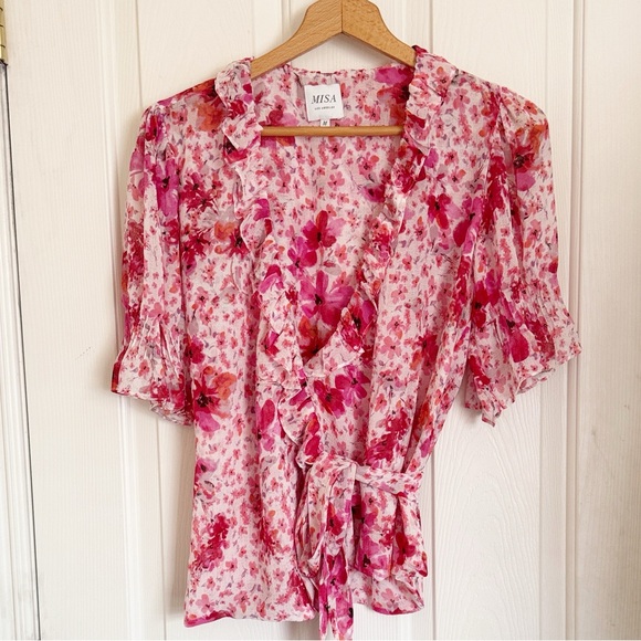 Misa Los Angeles Sybil Gardenia Pink Floral Chiffon Wrap Tie Top Blouse size M - Picture 3 of 10